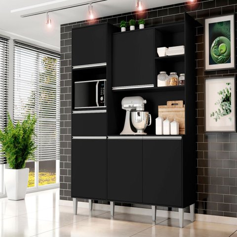 Armário de Cozinha Compacta 160cm 5 Portas 1 Gaveta Modulada Isabel MDP Preto Completa