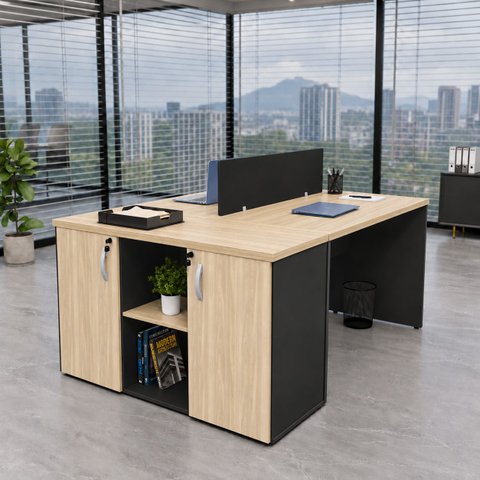 Conjunto Mesa Componível 2 Lugares 120x60cm + Armário Baixo Credenza para Escritório Corporativo