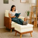 Ver imagem 1 de Poltrona Sofá Reclinável Londres com Puff Banqueta Almofadado Corino Nozes e Linho Bege - Arkell