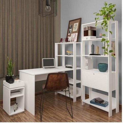 Conjunto de Escritório 3 Peças Mesa de Apoio Escrivaninha e Estantes 4 Amplas Prateleiras Match Branco