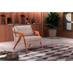 Kit 2 Poltronas Decorativa Mona Luxo Linho Bege Claro e Base Madeira Maciça