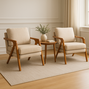 Kit 2 Poltronas Decorativa Mona Luxo Linho Bege Claro e Base Madeira Maciça
