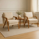 Ver imagem 1 de Kit 2 Poltronas Decorativa Mona Luxo Linho Bege Claro e Base Madeira Maciça