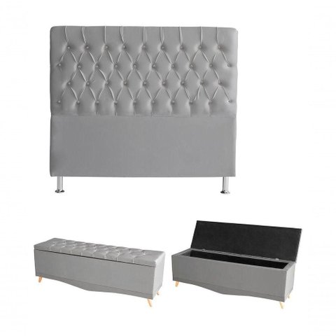 Kit Estrela Cabeceira de Cama Box e Calçadeira Baú Pés Palito Botão Cristal King 195 Cm Suede