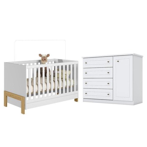 Berço Americano Mini Cama Fantasia Branco Acetinado – Qmovi e Cômoda Infantil Americano Branco HP - 