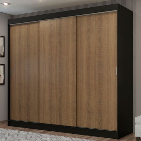 Guarda-Roupa Casal Madesa Kansas 3 Portas de Correr 3 Gavetas Preto/Rustic Cor:Preto/Rustic