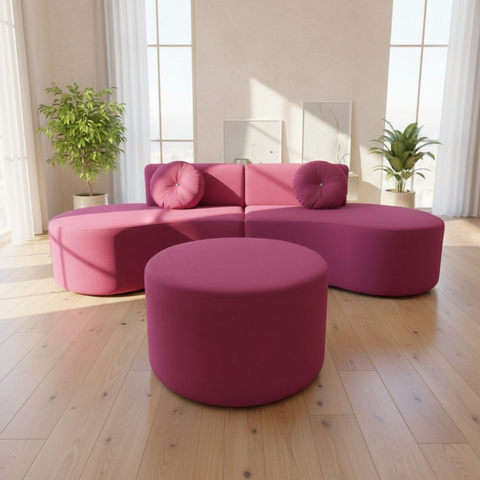 Sofá Modular Orgânico Monterrey 260cm + Puff Suede Rosa
