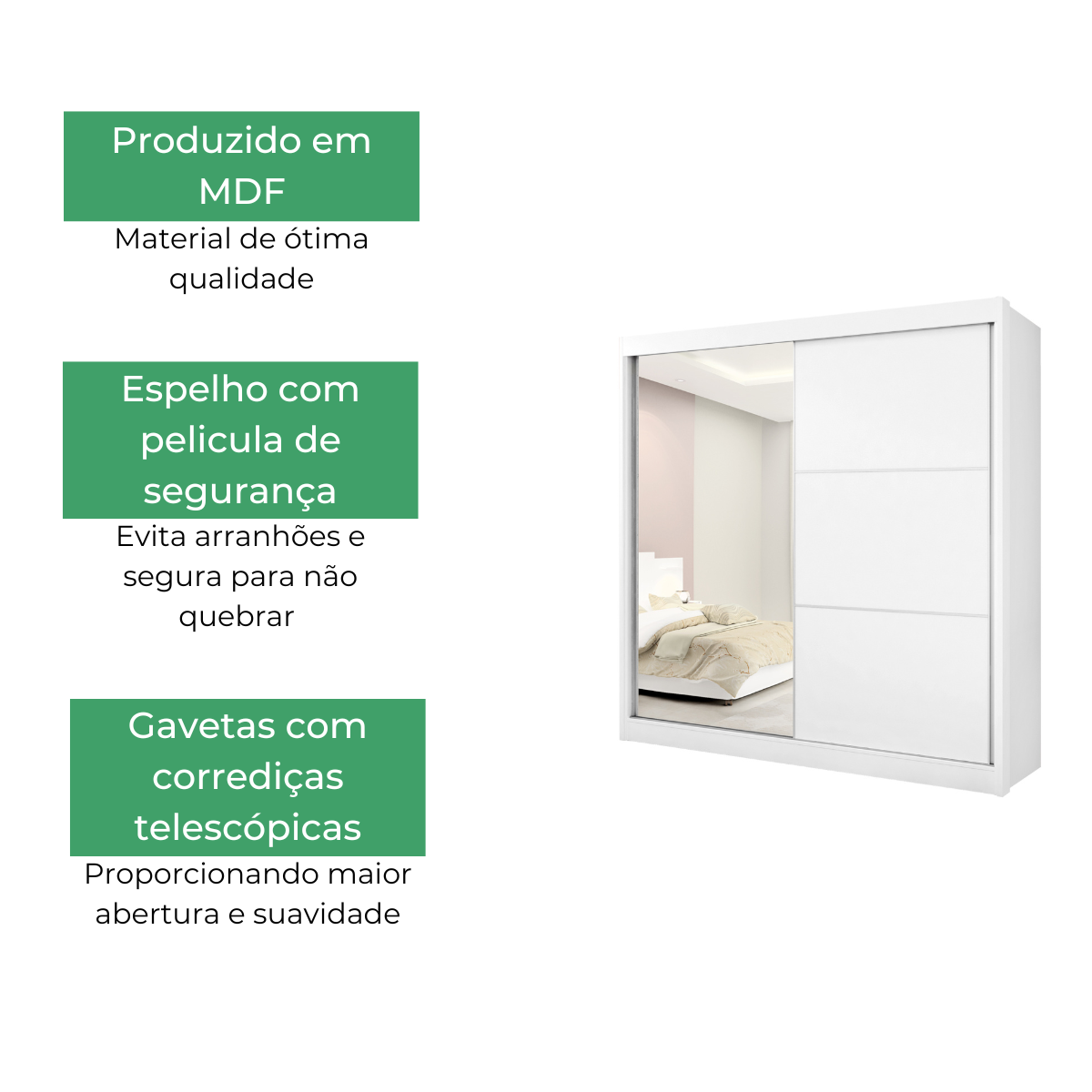 Guarda Roupa Casal com Espelho 2 Portas 6 Gavetas Titanium D'Doro Branco - 3