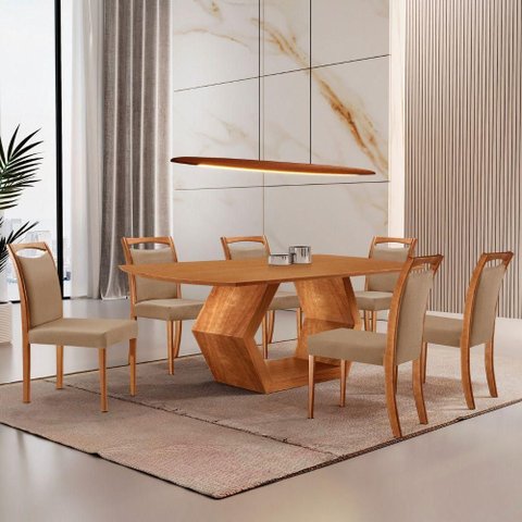 Mesa Ane 180 Tampo Laminado Barril com 6 Cadeiras Munique Linho Palha Imbuia Natural