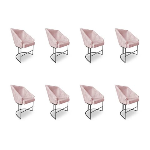 Kit 8 Poltronas Luxo Alana Suede Rosa Bebê Base Ferro Preto - Pallazio