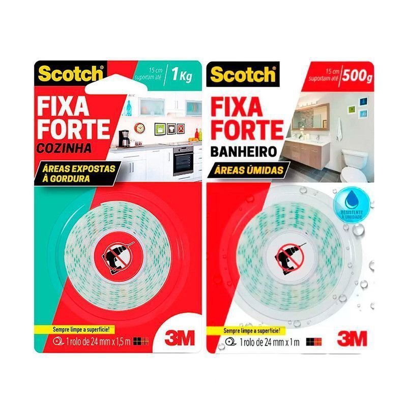 Kit Fita Dupla Face FIxa Forte Banheiro e Cozinha Scotch - 1