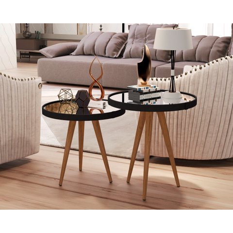 Jogo Sala Brilhante Mesa Lateral e Apoio Couro com Espelho 40cm Pés Palito Cor Preto - Comprar Movei