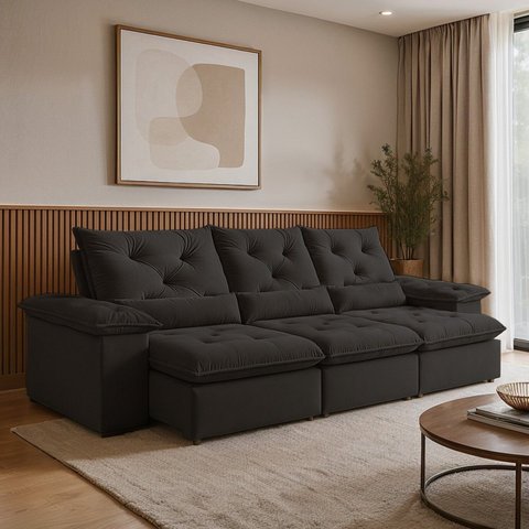 Sofá Retrátil e Reclinável 4 Lugares Suede Londres 270cm Yescasa Preto