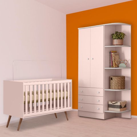 Conjunto Berço Mini Cama Retrô e Guarda Roupa 2 Portas Rosa
