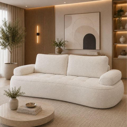Sofá Yafa 210cm 3 Lugares Moderno Sala Consultório:Off White/Bouclé