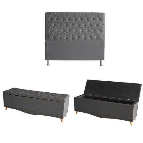 Kit Estrela Cabeceira de Cama Box e Calçadeira Baú Pés Palito Botão Cristal Casal 140 Cm Suede Grafi