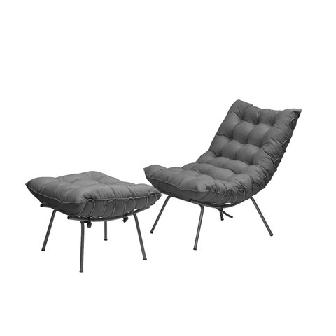 Poltrona Costela com Puff Adão Base Metal Preto - Veludo Cinza