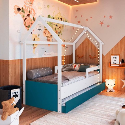 Cama Montessoriana Infantil Estilo Casinha com Cama Auxiliar Cor:branco com Azul Secreto
