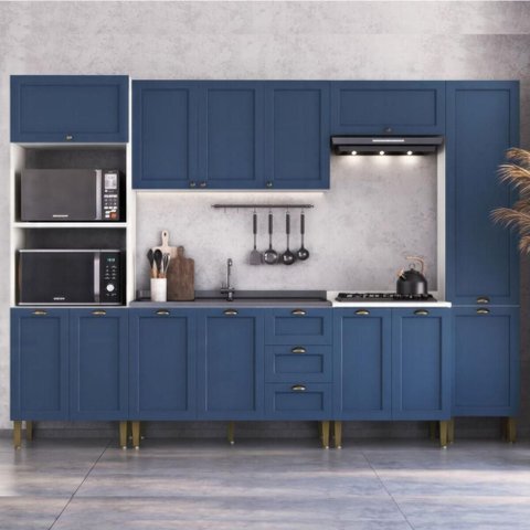 Armário Cozinha Americana Modulada Completa 305cm com Balcão Multimóveis CR20496 Branco/Azul