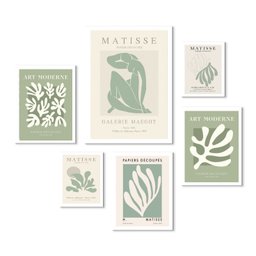 Kit Composição 6 Quadros Matisse Bege e Verde - com Vidro:moldura Preta - 2