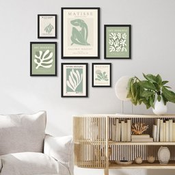 Kit Composição 6 Quadros Matisse Bege e Verde - com Vidro:moldura Preta - 1