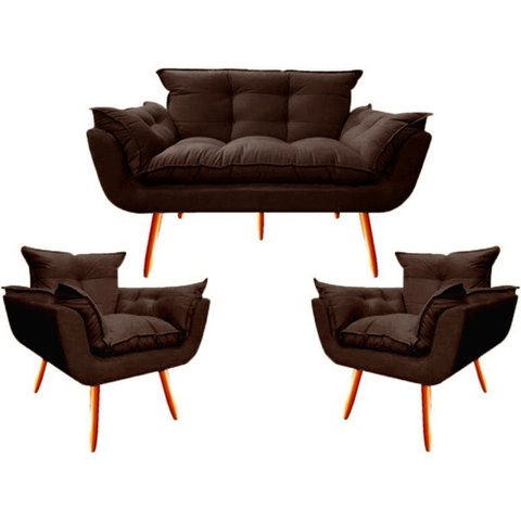Namoradeira + 2 Poltronas Opalla Decorativa Reforçada Recepção Sala de Estar Suede Marrom