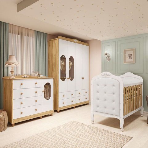 Quarto Bebê com Guarda-Roupa Cômoda e Berço com Capitonê MDF Maya Provençal Yescasa Amêndoa/Branco