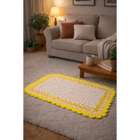 Tapete Sala Quarto 50x75 Crochê Dupla Face Artesanal Amarelo Branco
