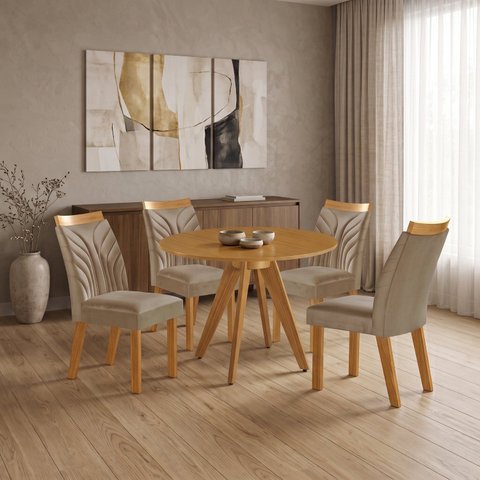 Conjunto Sala de Jantar Mesa Liz Redonda Tampo Amadeirado 4 Cadeiras Veneza New Cinamomo Yescasa