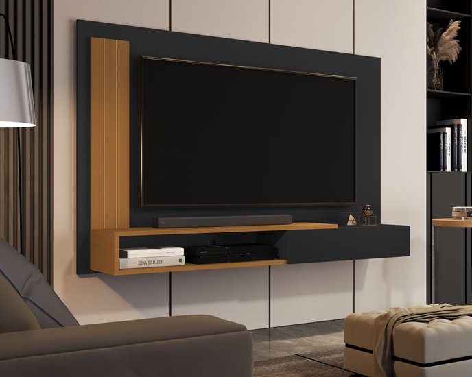 Painel Tv Smart Luxo até 55 P Math com Porta Cor Preto / Nature- Jm Casa Dos Moveis - 1
