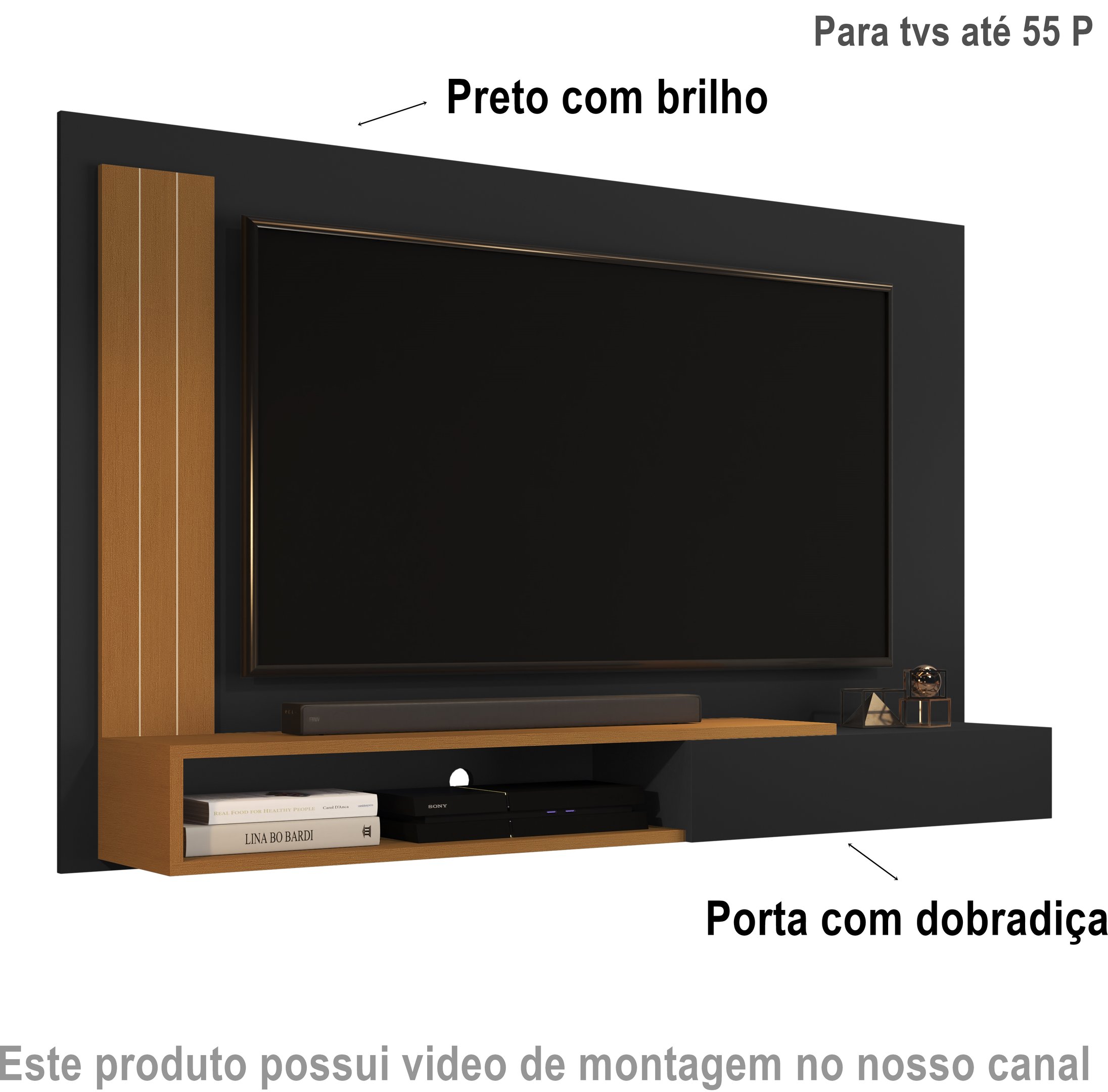 Painel Tv Smart Luxo até 55 P Math com Porta Cor Preto / Nature- Jm Casa Dos Moveis - 2