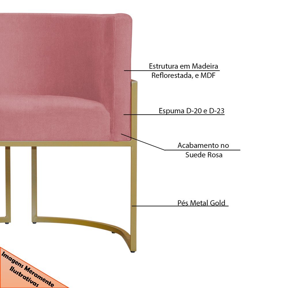 Kit 5 Poltronas Decorativa Sala de Estar Luana Base Gold Suede Rosa - Montanaris Decor Md Montanaris - 6