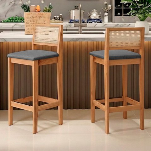 Kit 02 Banquetas Altas Brunella 99cm com Encosto Telinha Estilo Palha Linho Cinza - Desk Design