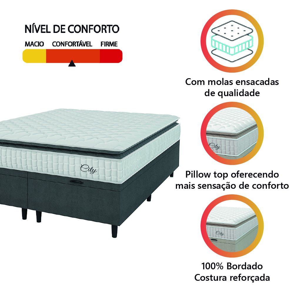 Cama Box Colchão Baú Casal Queen Molas Ensacadas City Pillow Top 158x198x64cm Branco / Cinza Hellen - 2