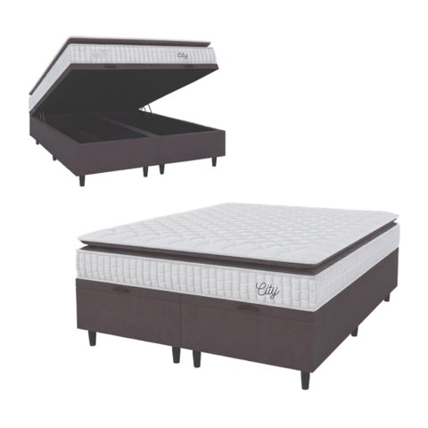 Cama Box Colchão Baú Casal Queen Molas Ensacadas City Pillow Top 158x198x64cm Branco / Cinza Hellen