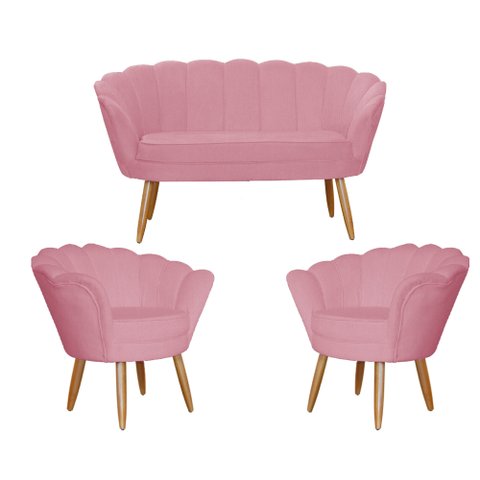 Kit Namoradeira + 2 Poltronas Decorativa Pétala Suede Rosa Pés Madeira Mz Decor
