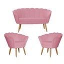 Ver imagem 1 de Kit Namoradeira + 2 Poltronas Decorativa Pétala Suede Rosa Pés Madeira Mz Decor