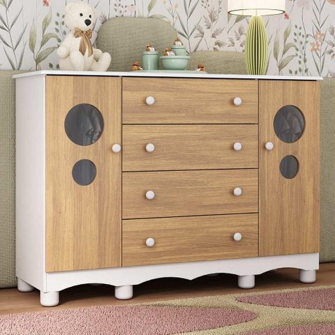 Cômoda Infantil 125cm 2 Portas com Vidro e 4 Gavetas Suspiro Multimóveis Mp4460 Branco/madeirado