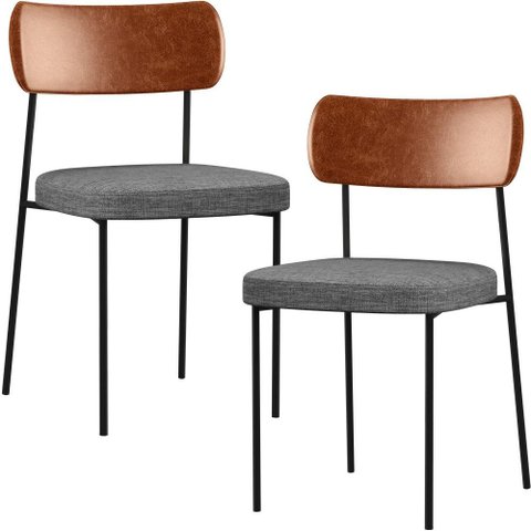 Kit 02 Cadeiras Estofadas para Sala de Jantar Melina L02 Couríssimo Camel Linho Cinza Escuro -