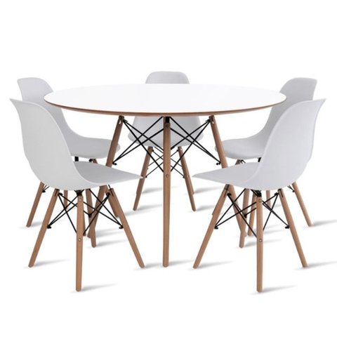 Conjunto de Mesa de Jantar Eames Eiffel Redonda 100cm Tampo de Madeira Branco com 5 Cadeiras Brancas