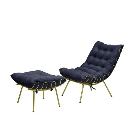 Poltrona Decorativa Costela com Puff Adão Dourado - Azul
