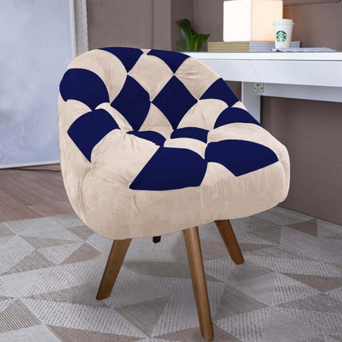 Poltrona Paloma Escritório Sala Giratória Madeira Suede Bege e Suede Azul Marinho - Dominic Decor