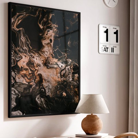 Quadro Decorativo Abstrato Black Mármore em Moldura Caixa Tacolado Moldura Trad 1cm Madeira Escura C