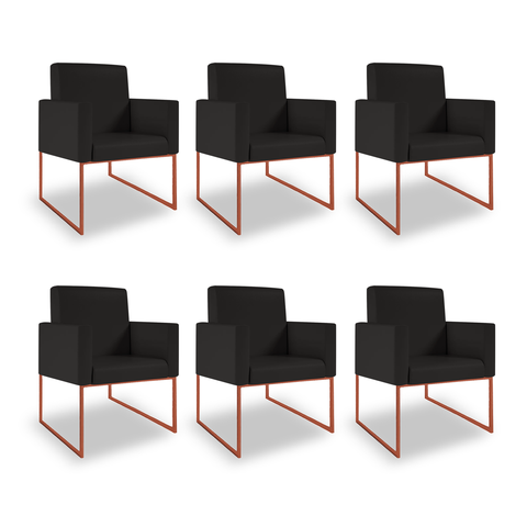 Kit 06 Poltronas Recepção Courino 3 Cores - Base Ferro Cobre - Preto