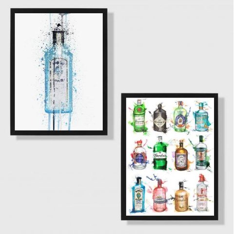 Kit 2 Quadros Decorativos Garrafas de Gin 24x18cm - com vidro:Madeira preta