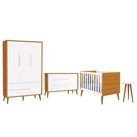 Dormitório Infantil Theo Retrô 3 Portas, Cômoda 1 Porta, Berço e Mesa de Apoio Branco/Savana com