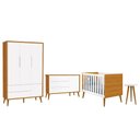 Ver imagem 1 de Dormitório Infantil Theo Retrô 3 Portas, Cômoda 1 Porta, Berço e Mesa de Apoio Branco/Savana com