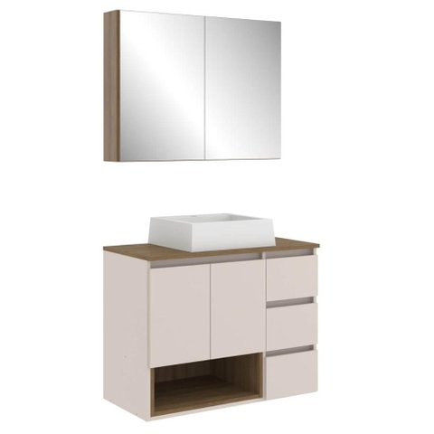Conjunto Gabinete de Banheiro 80cm Vitória com Espelheira e Cuba Mel Arenas Mdp Faema