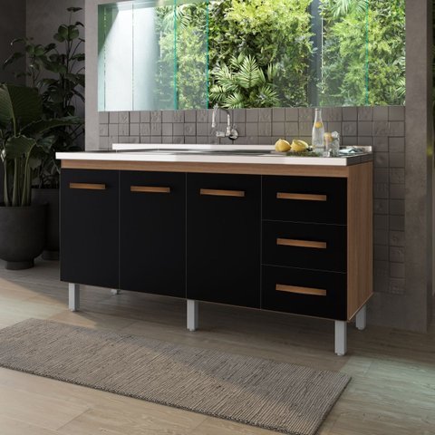 Balcão Gabinete para Pia Carina 140cm sem Tampo - Savana/preto