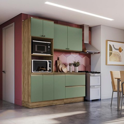 Armário de Cozinha Compacta Torre Quente 100% Mdf 190cm Nogueira/verde Celeste Kappesberg